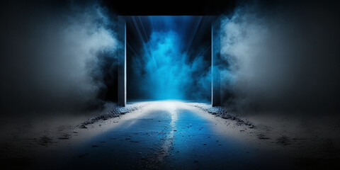 dark street, abstract dark blue background, the concrete floor and studio room with smoke float up t