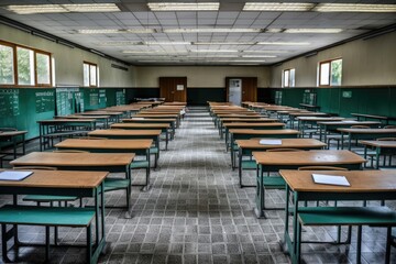 Poster - empty school class before final exams. desks and chairs are neatly arranged in three rows. overall plan. Generative AI