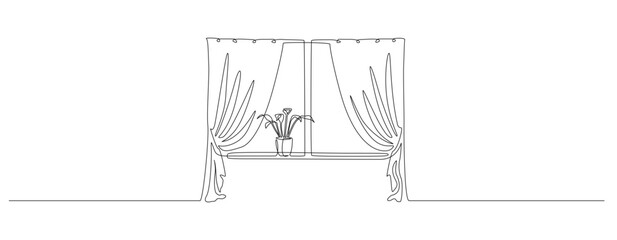 Aufkleber - One continuous line drawing of window with curtains and potted plant. Concept of living room interioa with drape cloth in simple linear style. Editable stroke. Doodle contour vector illustration