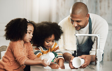 Sticker - Happy, cleaning and father with children in kitchen for bonding, hygiene or teaching. Smile, support and chores with black family washing dishes at home for sanitary, responsibility or housekeeping