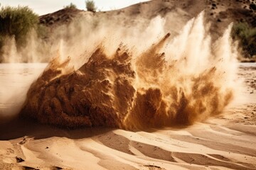 Canvas Print - Sand eruption in a dry river. Sand splashes in a brown tone over a white background. Generative AI