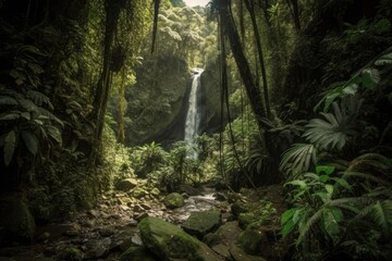 imposing waterfall in Costa Rica's tropical rainforest. tropics hike. Generative AI