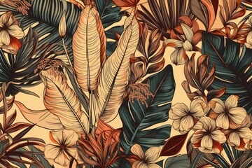 Canvas Print - Illustration of a seamless design with ethnic tribal leaves and orchid blooms. vintage folkloric palm leaves and vivid monstera plants. repeating fabric texture theme. Background of beige tone