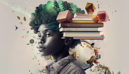 knowledge and science boy with books artistic graphic collage - generative ai illustration