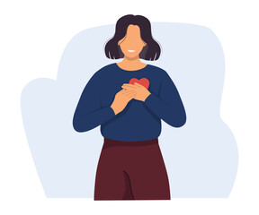 Self-care and acceptance, hope for good concept. Happy woman with love, compassion, generosity in heart. Vector illustration.