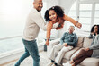 © Allistair/peopleimages.com - Dad, daughter and airplane game in living room for portrait, happy family or comic playing for bonding. Father, child and swing for plane games in lounge with woman, men or love for holiday happiness