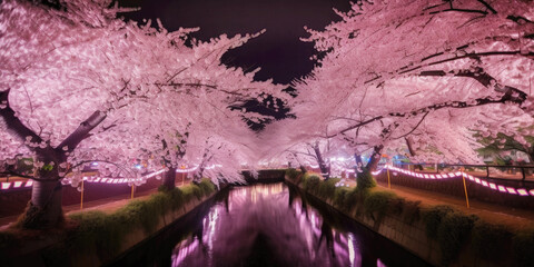 Wall Mural - cherry blossoms at a cherry blossom festival at night time. cherry blossom and lantern illumination 