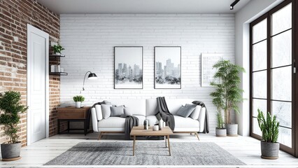 A comfortable relaxing living room full of light with white and red brick walls: empty, blank, nobody, no people, photorealistic, illustration, 5K, Generative AI