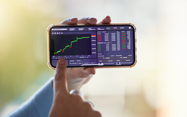 Poster - Stock market, chart and phone screen in hands for crypto app, trading analysis or bitcoin website. Fintech growth, ecommerce and woman touch smartphone for financial statistics, profit and investment