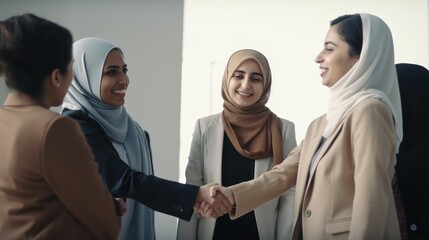 Professional Workplace Female Women: Middle Eastern Coachs Greeting with Confidence Friendliness in Business Setting, Diversity Equity Inclusion DEI Celebration (generative AI