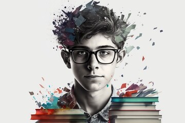 Wall Mural - Knowledge and science boy with books artistic graphic collage - Generative AI illustration