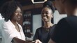 © Get Stock - Professional Workplace Female Women: African American Black Barbers Greeting with Confidence Friendliness in Business Setting, Diversity Equity Inclusion DEI Celebration (generative AI