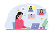 © free_illustration10 - Video call concept. Vector flat modern illustration of a young pretty woman  talking to friends  on a video call on his laptop. Isolated on background.