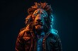 Cute Lion King in a Creative Leather Jacket: Detailed 8K Cinematic Shot with Neon-Backlight and Sharp Details, Perfect for Halloween Art & Illustration, Generative ai