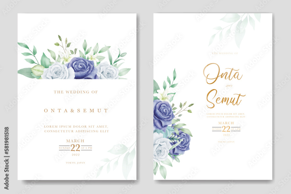 wedding invitation card with floral navy blue watercolor Stock Vector ...