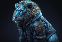 Cinematic Shot Of Cute Lion Sculpture In Recycled Denim Jacket Against Neon-Backlit White Backdrop In Incredibly Detailed 8K Sharpness, Generative Ai