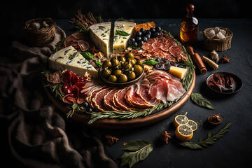   Charcuterie Board with Different Types of Meats, Cheeses and Fruits . AI generated Illustration.