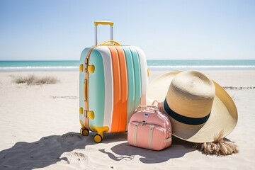 Wall Mural - travel suitcases stand on the beach against the background of the sea and blue sky, generative AI