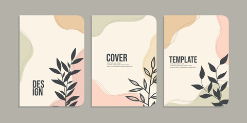 Wall Mural - set of book cover designs with hand drawn foliage decorations. abstract retro botanical background.size A4 For notebooks, diary, schoolbook, planners, brochures, books, catalogs