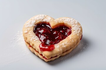 Sticker - a heart shaped biscuit. Valentine's Day hearts. A biscuit cookie with red jam or strawberry jelly within. artisan baking. Happy Valentine's Day, which is on February 14. delicious bakery On a white ba