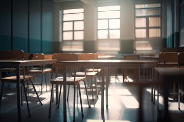 Poster - Blur or defocus image of empty elementary class room with chairs and tables. Generative AI