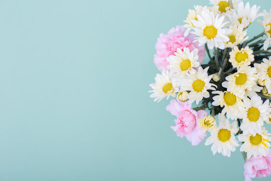 ramo de flores de margaritas blancas y claveles rosa sobre fondo de color azul ideal para banners de
