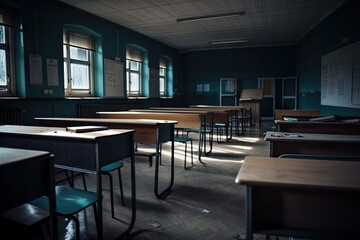 Poster - close up of an empty school classroom. Generative AI