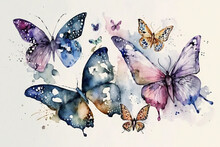 Watercolor Painting Of Several Butterflies. AI Generated Illustration.