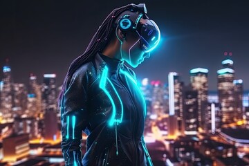 Wall Mural - A female wearing a futuristic cyber suit is seen in a photorealistic illustration against a futuristic cityscape. enormous structures with neon lights that glow. future cyberpunk setting. Cyberspace a