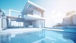 © Roman King - exterior of a modern country house with large windows and a swimming pool, generative AI