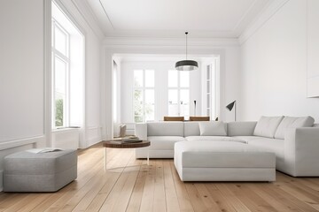 Wall Mural - modern bright interior with white walls, sofa and wooden floor, generative AI