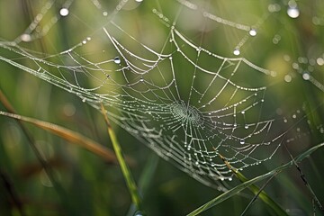 Poster - Beautiful natural setting in spring or summer with a cobweb in the grass and a necklace of water drops. Texture Close up macro with soft focus of dew drops on a spider web in nature. Generative AI