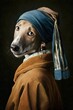 © Get Stock - Pup with a Pearl Earring: A Greyhound dog Animal Fashionable Twist on a Classic Portrait, Girl with a Pearl Earring (generative AI)
