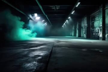 Canvas Print - Dark roadway, asphalt, an empty scene in the shadows, neon lights, and spotlights The studio room's interior texture for product displays is smoke floating up from the concrete floor. Generative AI