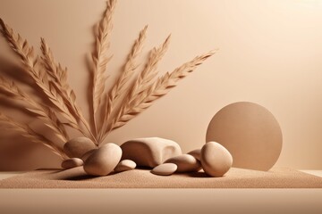 Wall Mural - Abstracted, minimalistic nature scene with an empty background, composed of stones against a beige backdrop, and gentle grass and leaf shadows. Pedestal for mock up displays of cosmetic products and t