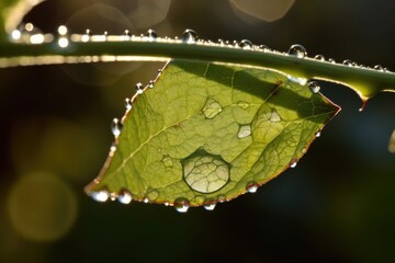 Wall Mural - A morning dew drop on a leaf illuminated by the sun. Generative AI