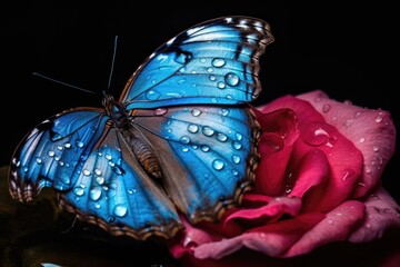 Poster - bright blue tropical morpho butterfly on a pink rose in water drops. copy space. Generative AI