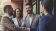 Professional Workplace Men Women: Hispanic Banker Greeting with Confidence Friendliness in Business Setting, Diversity Equity Inclusion DEI Celebration (generative AI