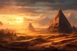 Concept art made from scratch without using a reference image depicts imposing ancient pyramids in a scorching desert atmosphere and an epic sky with hills of sand in the backdrop. Generative AI