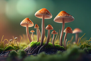 Wall Mural - Close-Up Of Mushrooms Growing On Field. Generative Ai