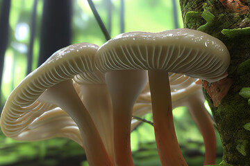 Wall Mural - Close-up of overflowing slimy stem Limacella illinita mushroom growing in forest. Generative Ai