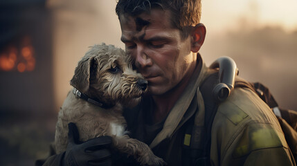 Wall Mural - firefighter emotionally hugs a dog after rescuing it