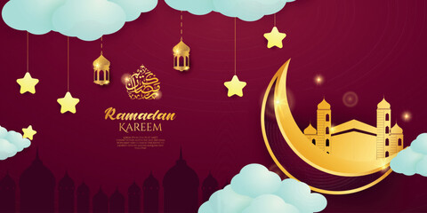 Wall Mural - Luxury gold geometrical ramadan ornament decoration with hanging arabian flower lantern with red night background and calligraphy for ramadan kareem. Ramadan kareem background. Eid Mubarak background