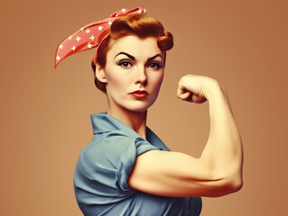 Strong powerful woman. Woman's day banner. We Can Do It. Cool picture of iconic woman s fist symbol of female power, Generative AI