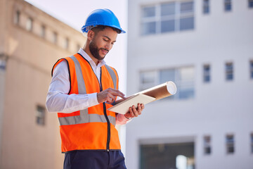 Sticker - Tablet, outdoor and engineering man, construction worker or building contractor with urban design planning on software. Architecture, city and builder on digital technology with blueprint management