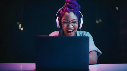 Wall Mural - Cheerful female gamer winning an online game on a laptop