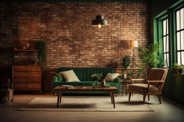 Poster - brown brick wall and green wall living room decoration fireplace and home ornaments interior style. Generative AI