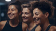 © Demencial Studies - Fun in fitness clothing: Three female friends laughing happily in a sports studio
