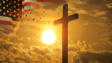 Good Friday Concept. Cross In Arm On Sky Background. USA Flag. 3d Illustration.
