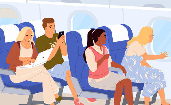 Fototapete - Vector people passengers sitting inside airplane